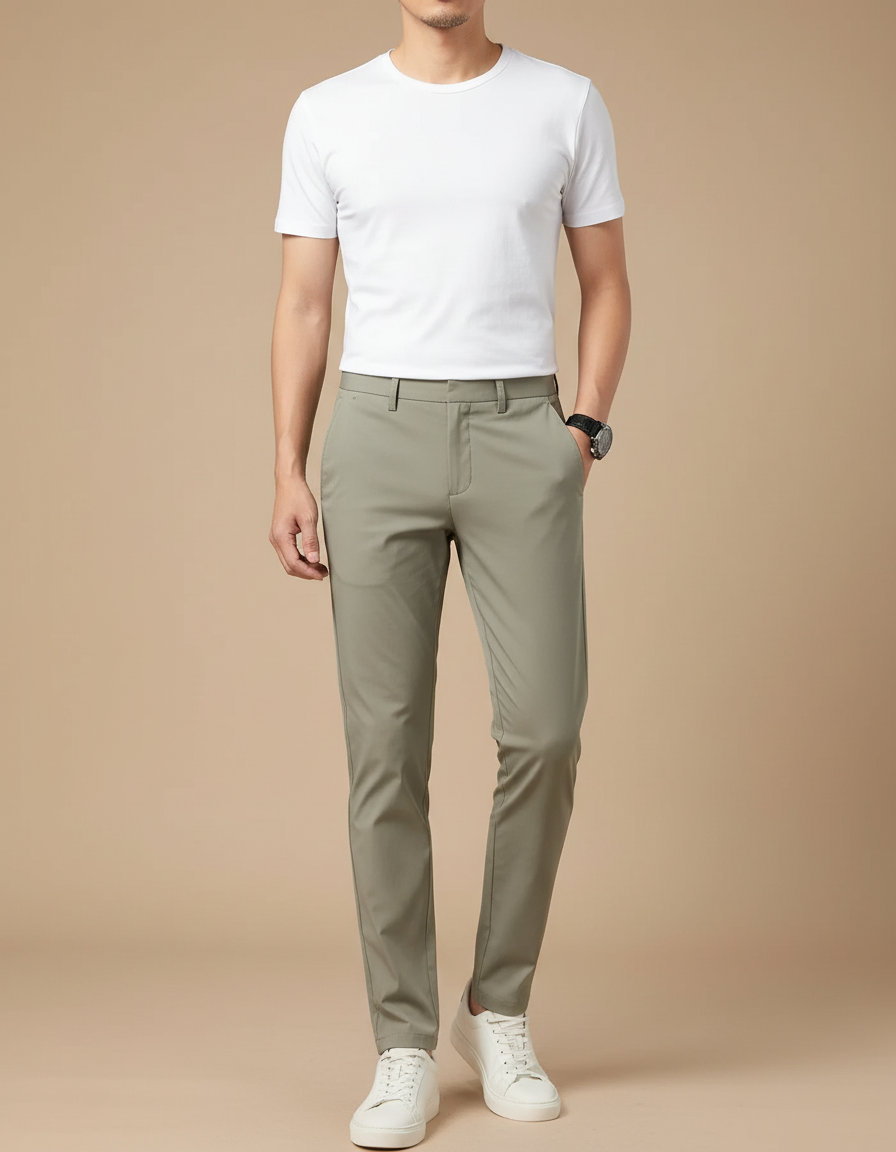 Pantalon Chino Vert Olive Slim Extensible Homme - Kaki Polyester
