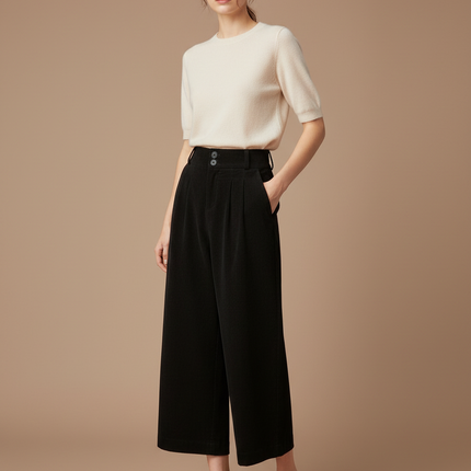 Pantalon Chino Noir Velours Côtelé Large Décontracté Femme - Cordé