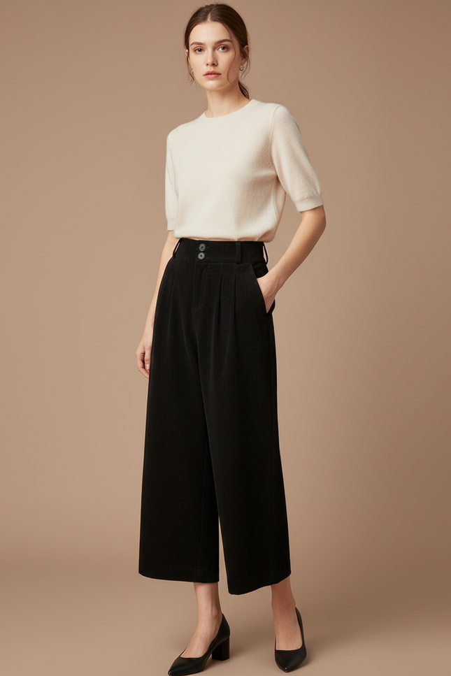 Pantalon Chino Noir Velours Côtelé Large Décontracté Femme - Cordé