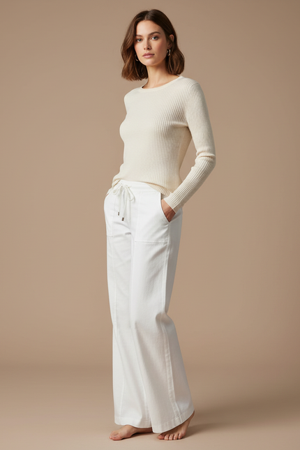 Pantalon Chino Blanc Ample Coton Décontracté Femme
