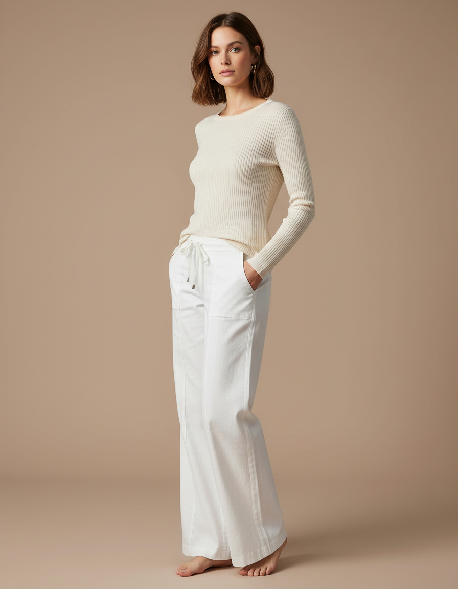 Pantalon Chino Blanc Ample Coton Décontracté Femme
