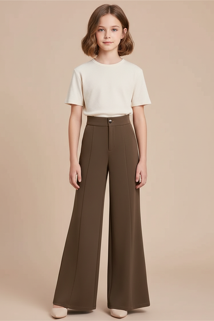 Pantalon Chino Marron Ample Taille Haute Enfant - Kaki Gabardine