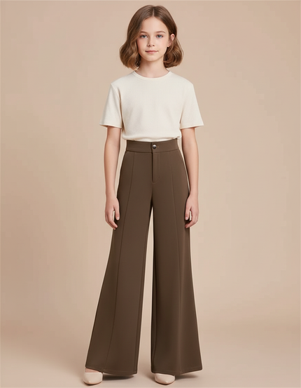 Pantalon Chino Marron Ample Taille Haute Enfant - Kaki Gabardine