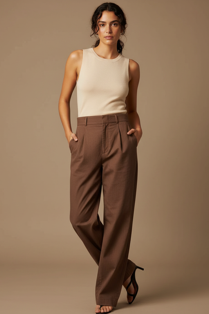 Pantalon Chino Marron Ample Taille Haute Plissé Femme - Gabardine