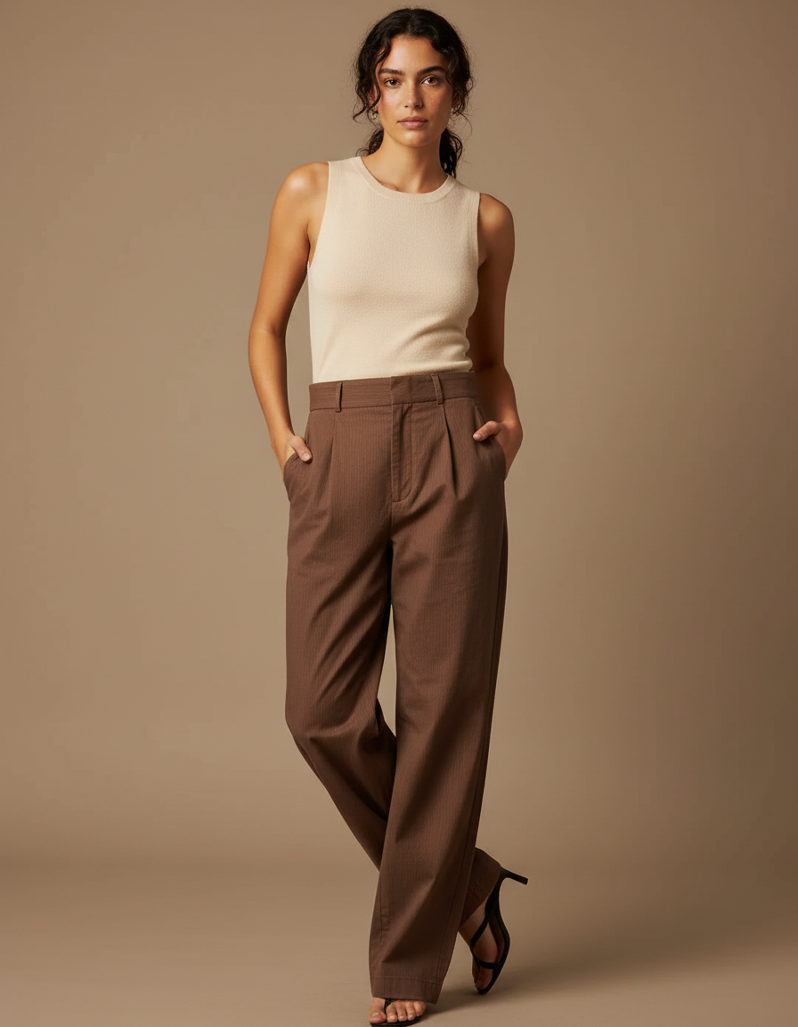 Pantalon Chino Marron Ample Taille Haute Plissé Femme - Gabardine