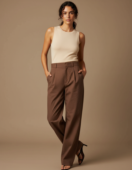 Pantalon Chino Marron Ample Taille Haute Plissé Femme - Gabardine
