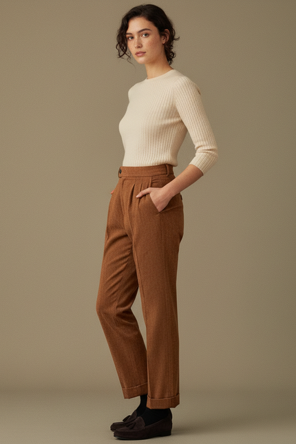 Pantalon Chino Marron Plissé Ample Femme - Tweed