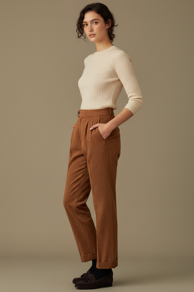 Pantalon Chino Marron Plissé Ample Femme - Tweed