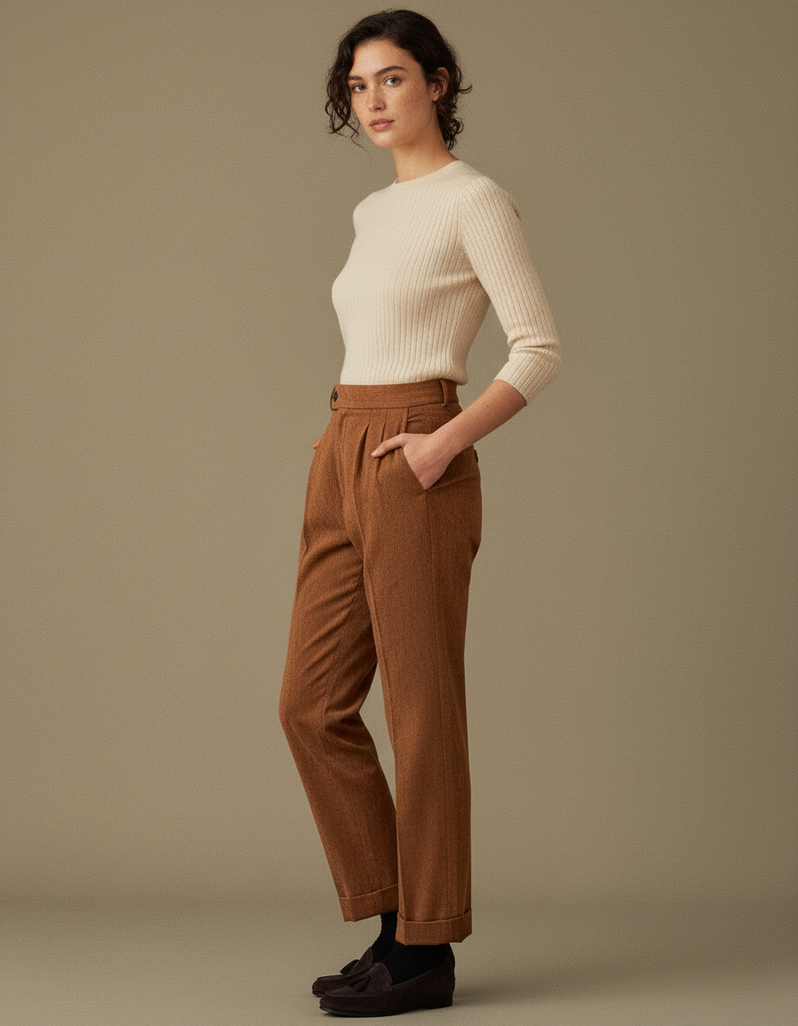 Pantalon Chino Marron Plissé Ample Femme - Tweed