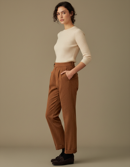 Pantalon Chino Marron Plissé Ample Femme - Tweed
