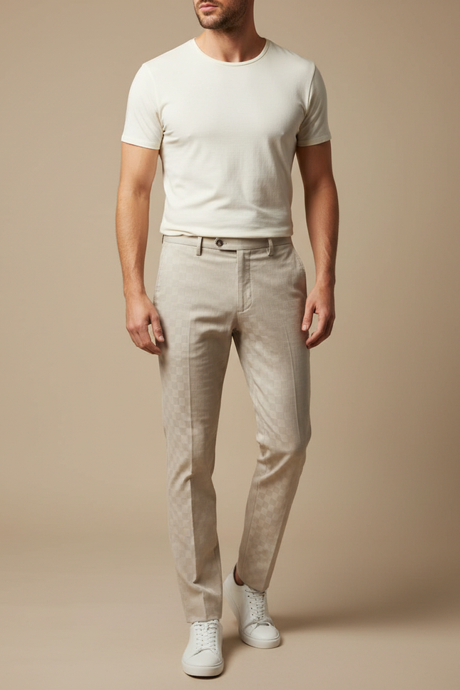 Pantalon Chino Beige Carreaux Slim Élégant Homme - Coton