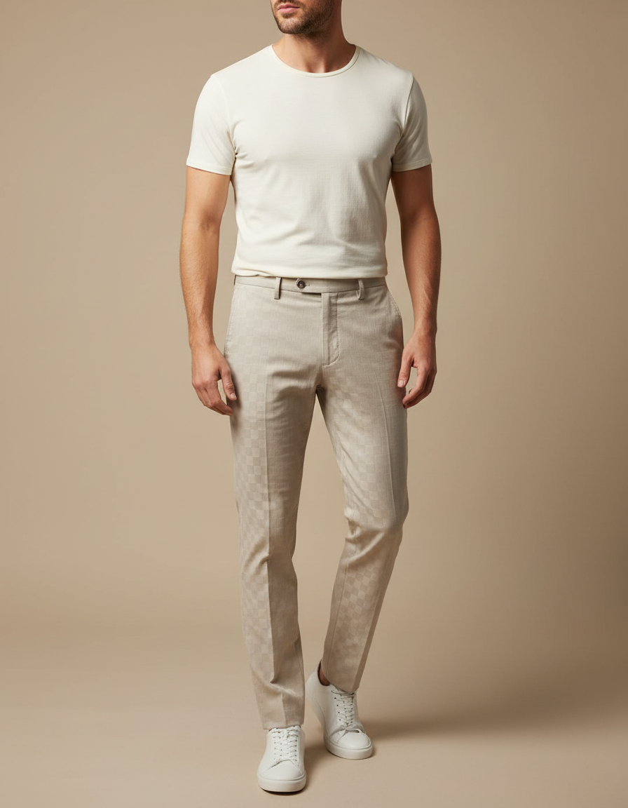 Pantalon Chino Beige Carreaux Slim Élégant Homme - Coton