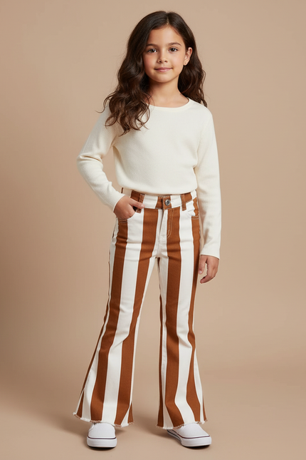 Pantalon Chino Rayé Marron Évasé Fille Confortable - Toile