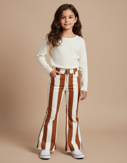 Pantalon Chino Rayé Marron Évasé Fille Confortable - Toile