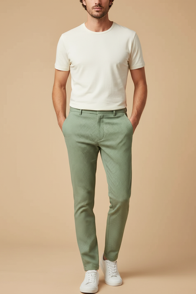 Pantalon Chino Vert Motif Gaufre Slim Casual Homme - Coton