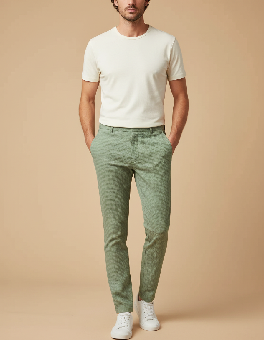 Pantalon Chino Vert Motif Gaufre Slim Casual Homme - Coton