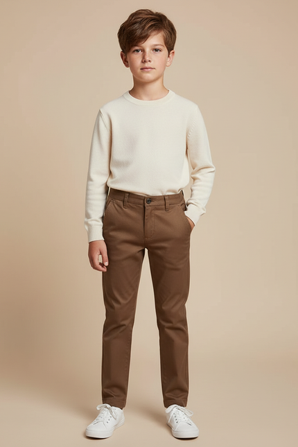 Pantalon Chino Marron Enfant Coupe Slim Coton