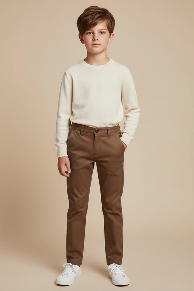Pantalon Chino Marron Enfant Coupe Slim Coton