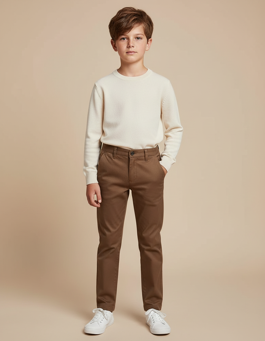 Pantalon Chino Marron Enfant Coupe Slim Coton