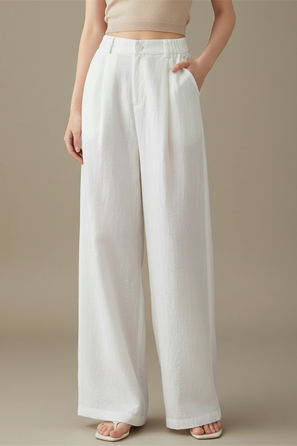 Pantalon Chino Blanc Lin Ample Droit Élégant Femme