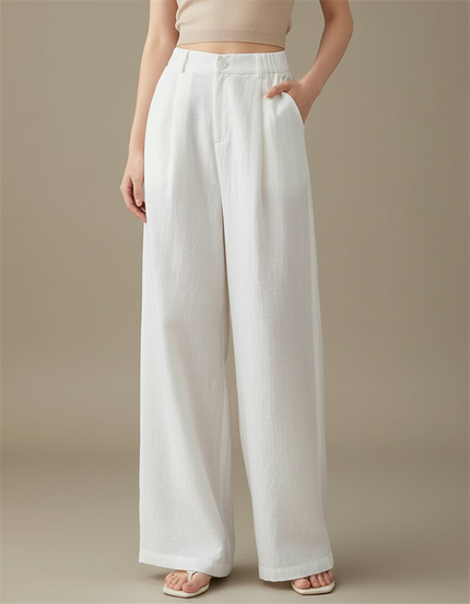 Pantalon Chino Blanc Lin Ample Droit Élégant Femme