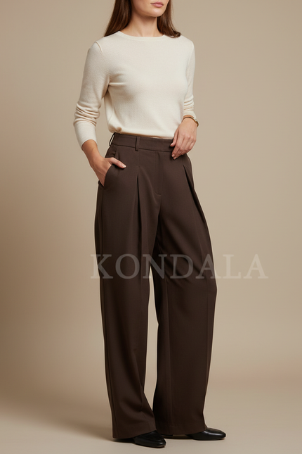 Pantalon Chino Marron Ample Plissé Fluide Femme - Polyester