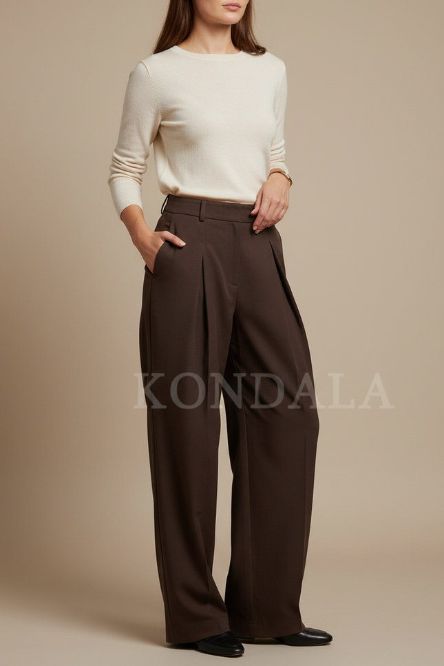 Pantalon Chino Marron Ample Plissé Fluide Femme - Polyester