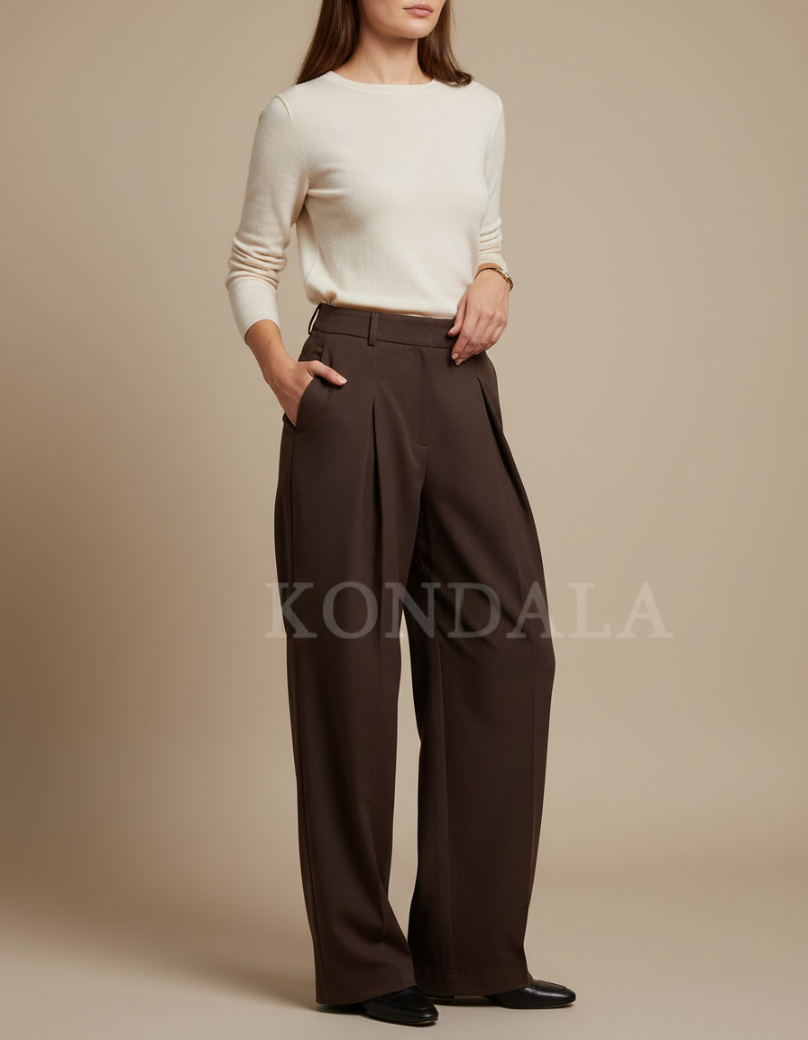 Pantalon Chino Marron Ample Plissé Fluide Femme - Polyester