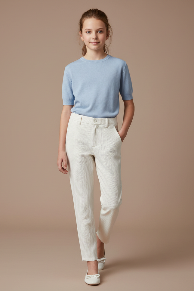 Pantalon Chino Écru Texturé Fille Coupe Droite - Blanc Coton