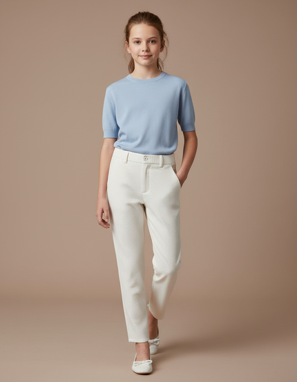 Pantalon Chino Écru Texturé Fille Coupe Droite - Blanc Coton