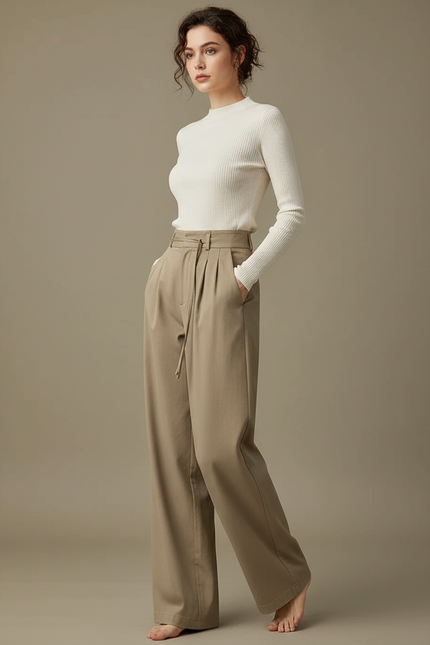 Pantalon Chino Femme Beige Fluide Taille Haute Décontracté - Gabardine