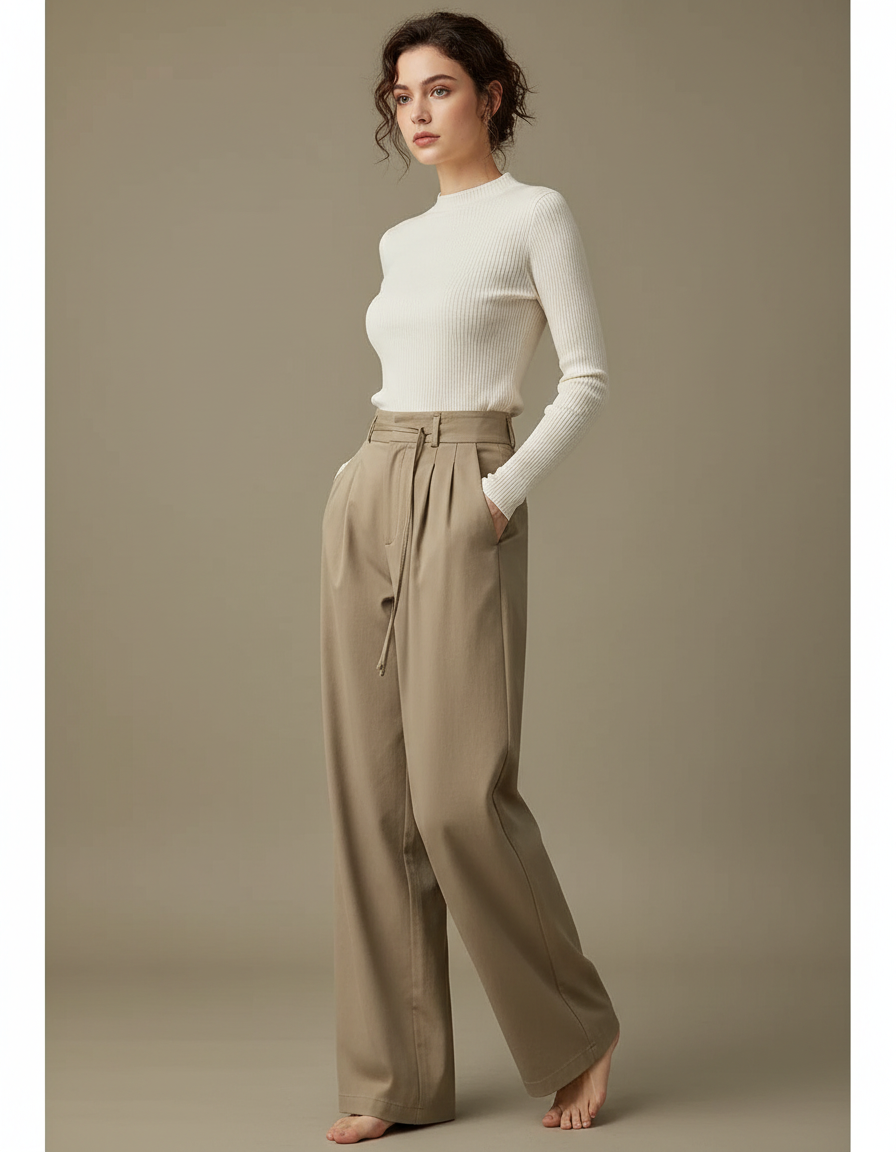 Pantalon Chino Femme Beige Fluide Taille Haute Décontracté - Gabardine