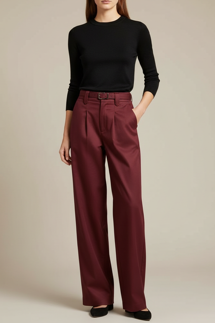 Pantalon Chino Bordeaux Ample Taille Haute Femme - Gabardine