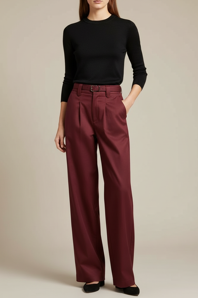 Pantalon Chino Bordeaux Ample Taille Haute Femme - Gabardine