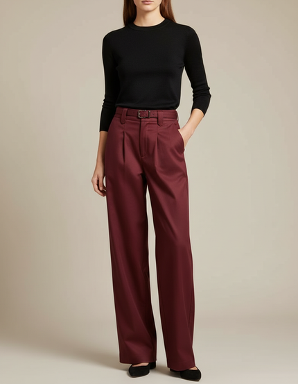 Pantalon Chino Bordeaux Ample Taille Haute Femme - Gabardine