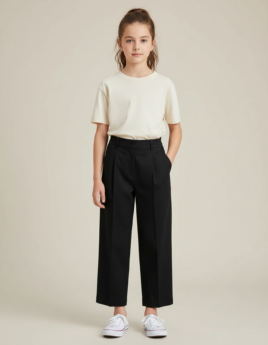 Pantalon Chino Noir Plissé Ample Élégant Enfant - Gabardine