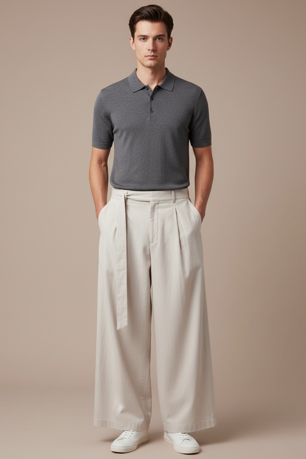 Pantalon Chino Beige Ample Plissé Décontracté Homme - Gabardine