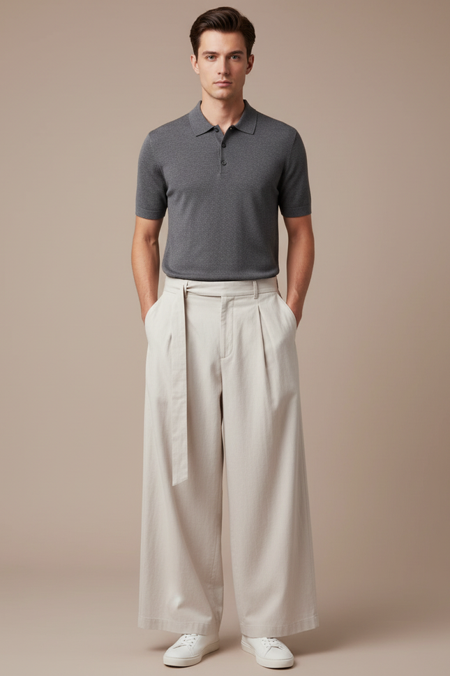 Pantalon Chino Beige Ample Plissé Décontracté Homme - Gabardine