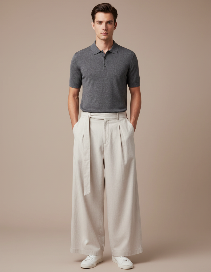 Pantalon Chino Beige Ample Plissé Décontracté Homme - Gabardine