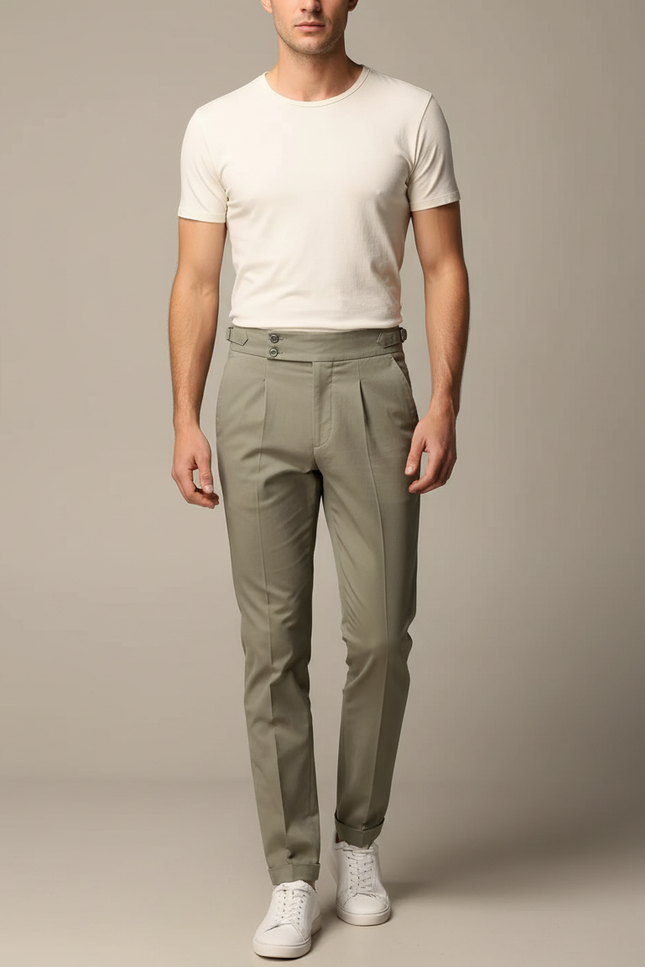 Pantalon Chino Vert Kaki Plissé Élégant Homme - Gabardine