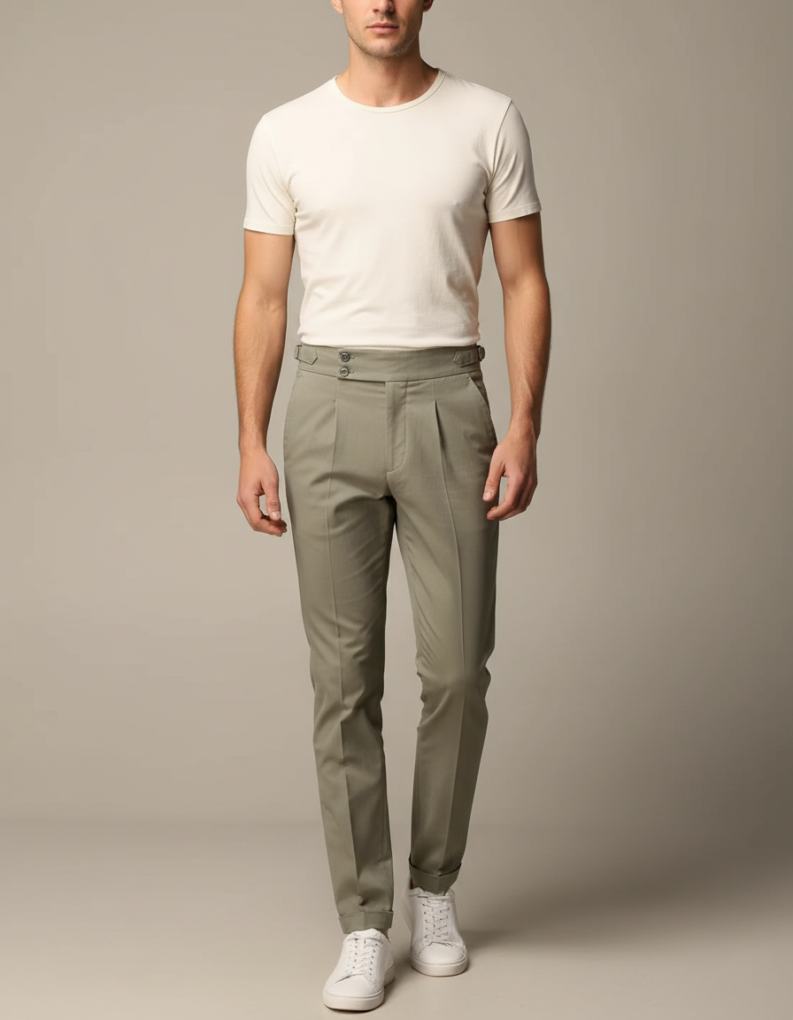 Pantalon Chino Vert Kaki Plissé Élégant Homme - Gabardine