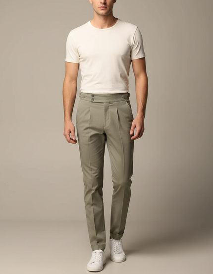 Pantalon Chino Vert Kaki Plissé Élégant Homme - Gabardine