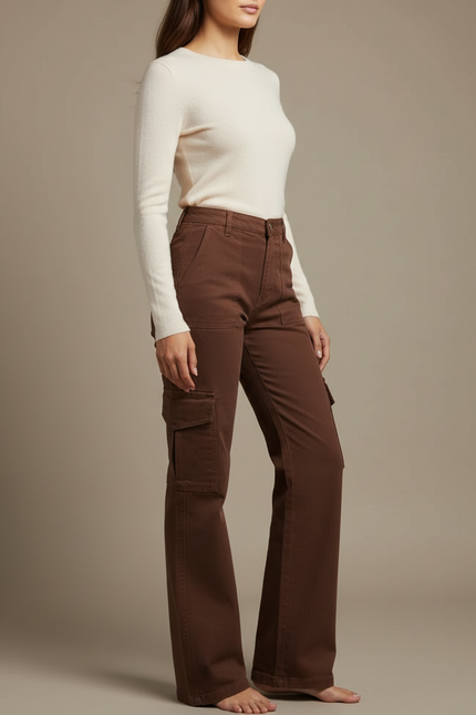 Pantalon Chino Marron Évasé Cargo Taille Haute Femme - Gabardine