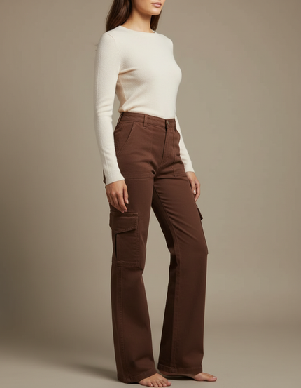 Pantalon Chino Marron Évasé Cargo Taille Haute Femme - Gabardine
