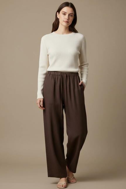 Pantalon Chino Marron Lin Ample Cordon Décontracté