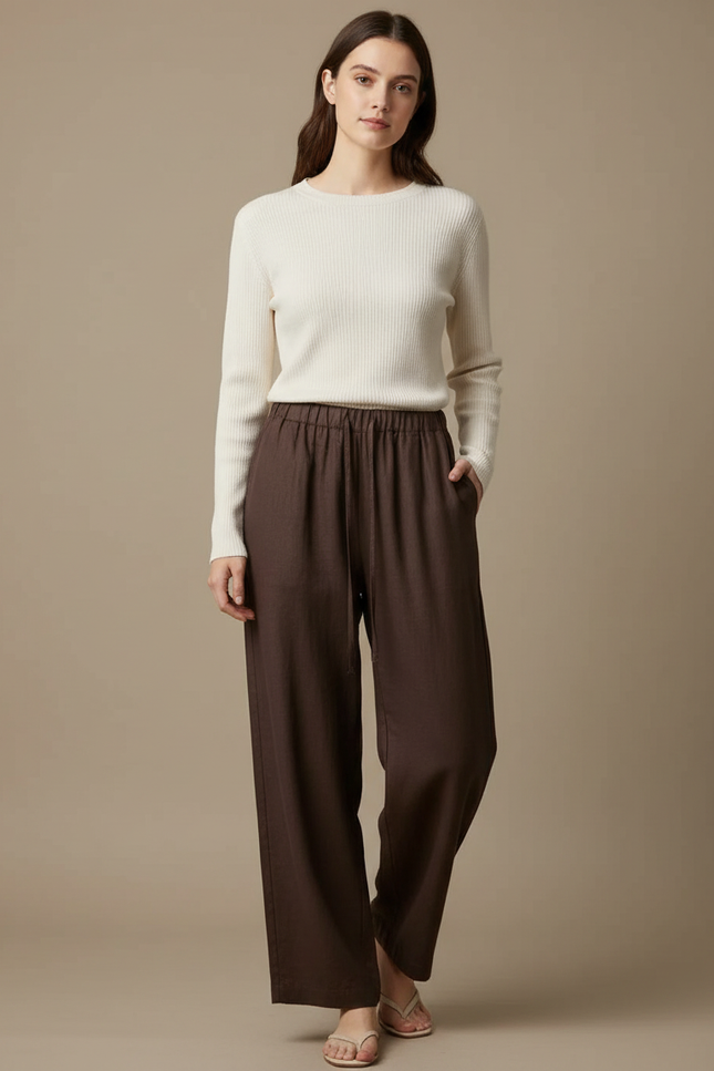 Pantalon Chino Marron Lin Ample Cordon Décontracté