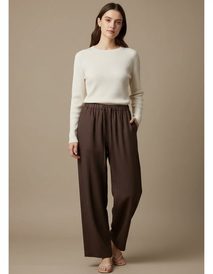 Pantalon Chino Marron Lin Ample Cordon Décontracté