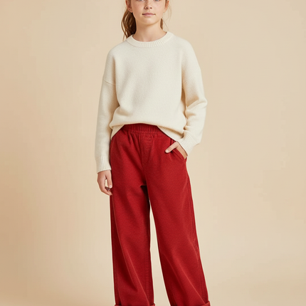 Pantalon Chino Rouge Côtelé Large Enfant Décontracté - Cordé