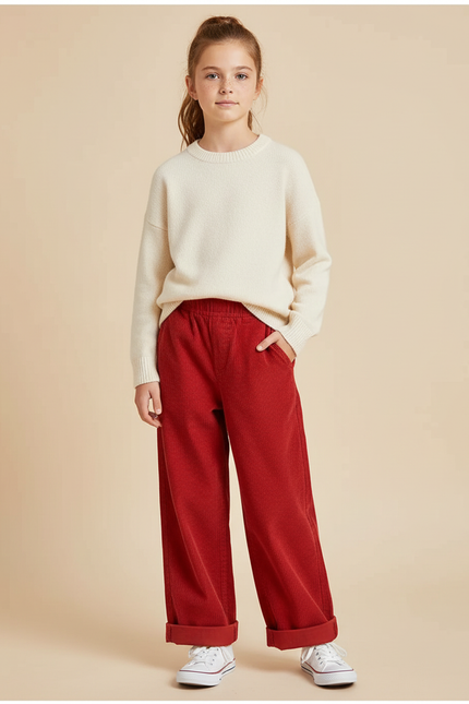 Pantalon Chino Rouge Côtelé Large Enfant Décontracté - Cordé