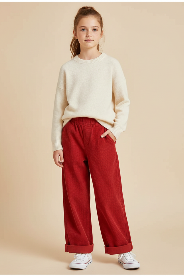 Pantalon Chino Rouge Côtelé Large Enfant Décontracté - Cordé